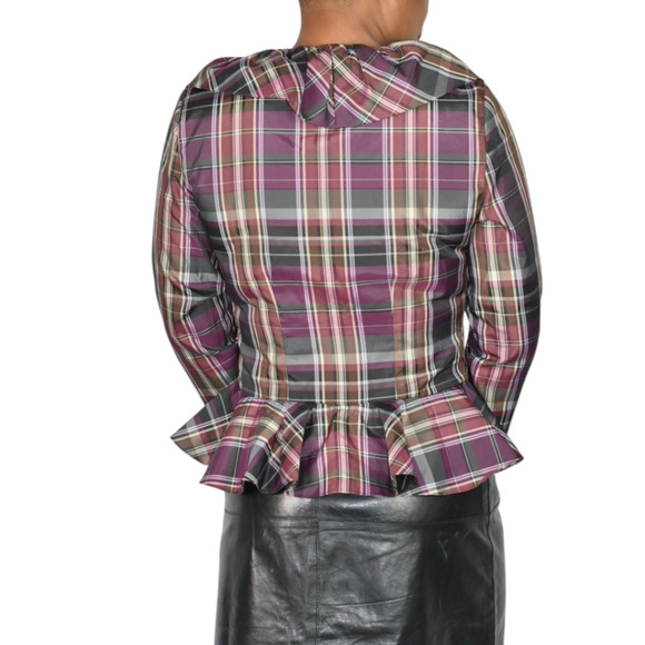 Boston Proper Peplum Ruffle Blouse Purple Plaid Tartan Shirt Check Top Small - Picture 3 of 12